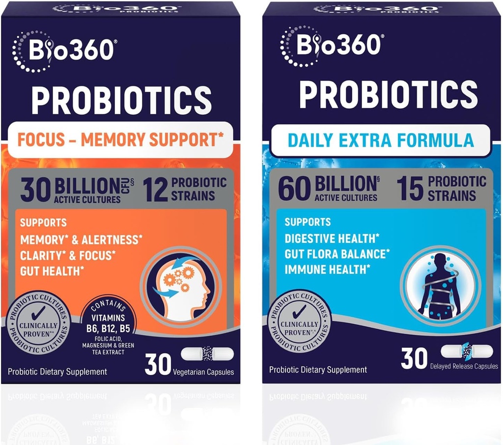 Bio360 Probiotics Bundle,认知支持公式 & Daily Extra公式,大脑支持 & Gut 健康补充,帮助支持记忆,焦点和文摘,2 x 30 Vegan 补充