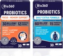 Bio360 Probiotics Bundle,认知支持公式 & Daily Extra公式,大脑支持 & Gut 健康补充,帮助支持记忆,焦点和文摘,2 x 30 Vegan 补充