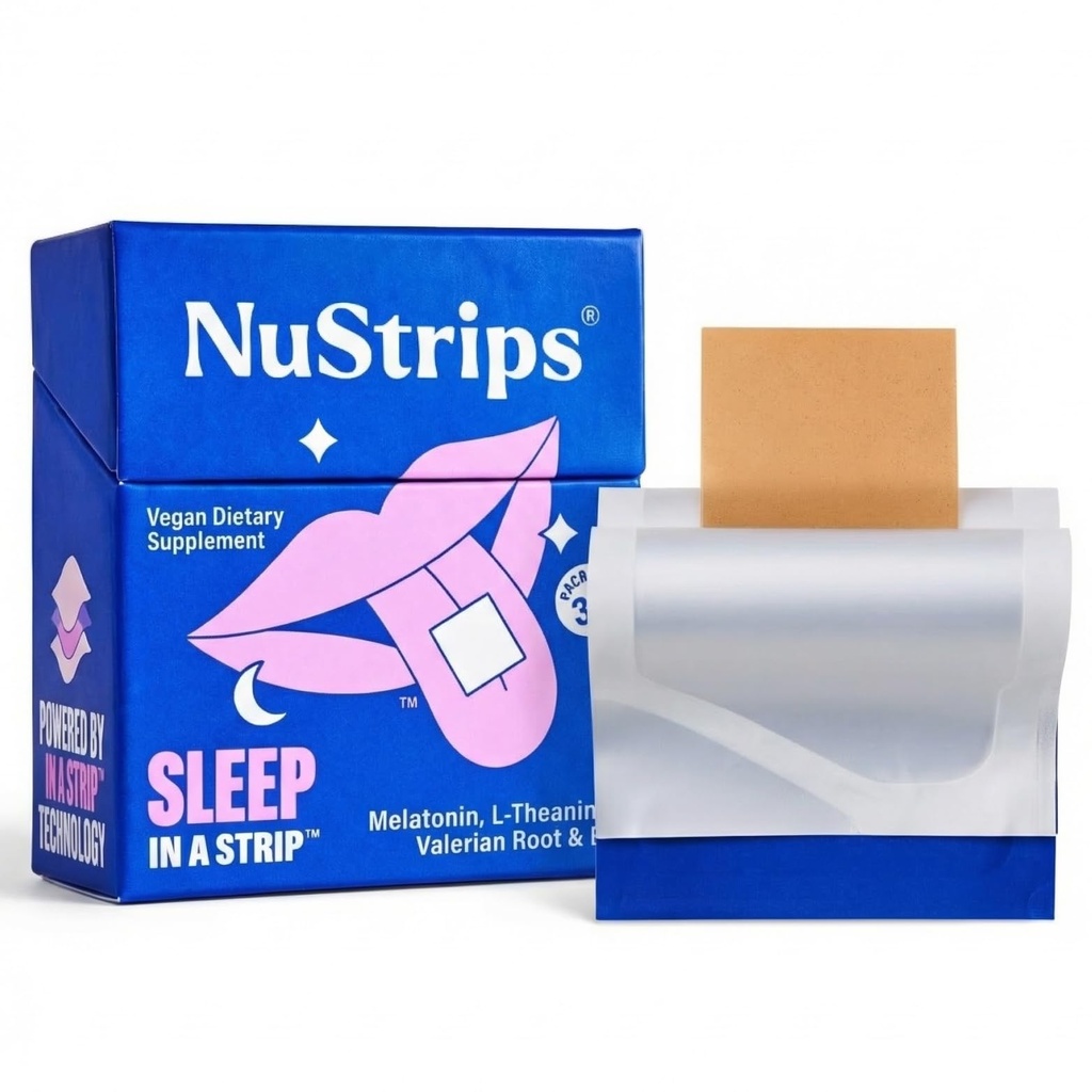 NuStripsTM 快速溶解睡眠带 5 mg Melatonin, Valerian Root, L-Theanine & Vitamin B6 – 蓝莓火焰 - 自然睡眠援助, Vegan, Non-GMO, Gluten Free – Fall Asleep Fast (30 条)