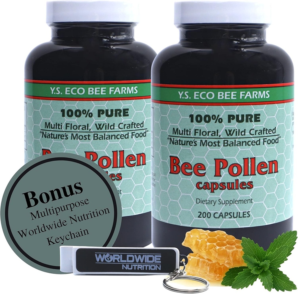 Y.S.生态蜜蜂农场 100%纯净,野生手工业蜜蜂 Pollen Capsules - 有机蜜蜂 Pollen Vitamin 补充氨基酸,有机蛋白,维生素C,维生素B12 Gluten Free 2pk of 200ct w Bonus Key 链
