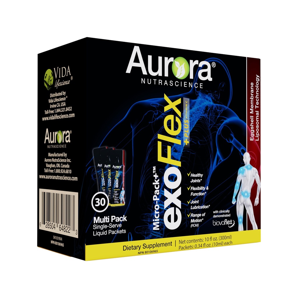 Aurora Nutrascience Micro-Pack Liposomal exoFlex+ 与维生素C, 支持联合灵活性和函数, BiovaFlex 蛋壳膜, Curcumin & Boswellia, Strwaberry Flavor, 30 单服务包