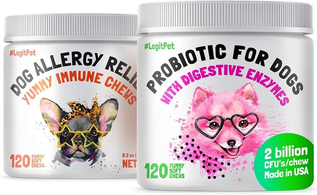 LEGITPET 为狗和免疫提供过敏救济 配有Kelp、Colostrum和Bee Pollen 120 软厨和配有自然消化酶的狗的亲生药 120 软厨盒 - 在美国制造