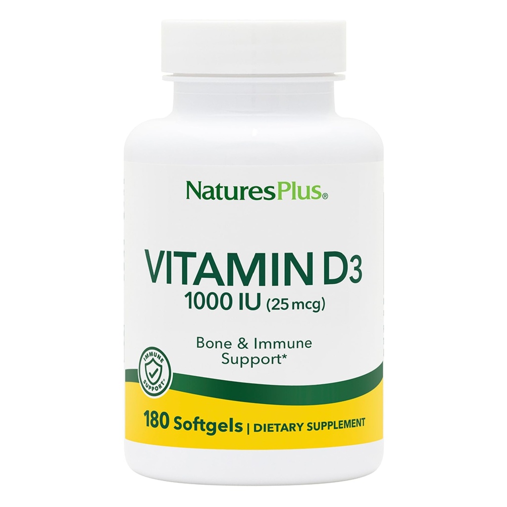 自然加维生素D3(Cholecalciferol) - 1000iu, 180 Softgels - 营养支持健康骨头和免疫系统支持 - 生物可用活性形式 - 无葡萄糖 - 180 服务