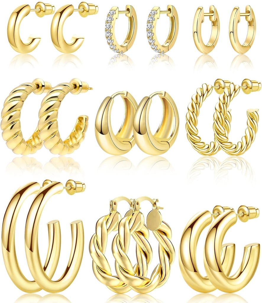 Adoyi 9 配对 黄金 Hoop Earings 套装 女子曲棍球 Huggie Hoops Earings 14K 18K 黄金 Plated for Girls 情人节 母亲生日礼物 轻量级