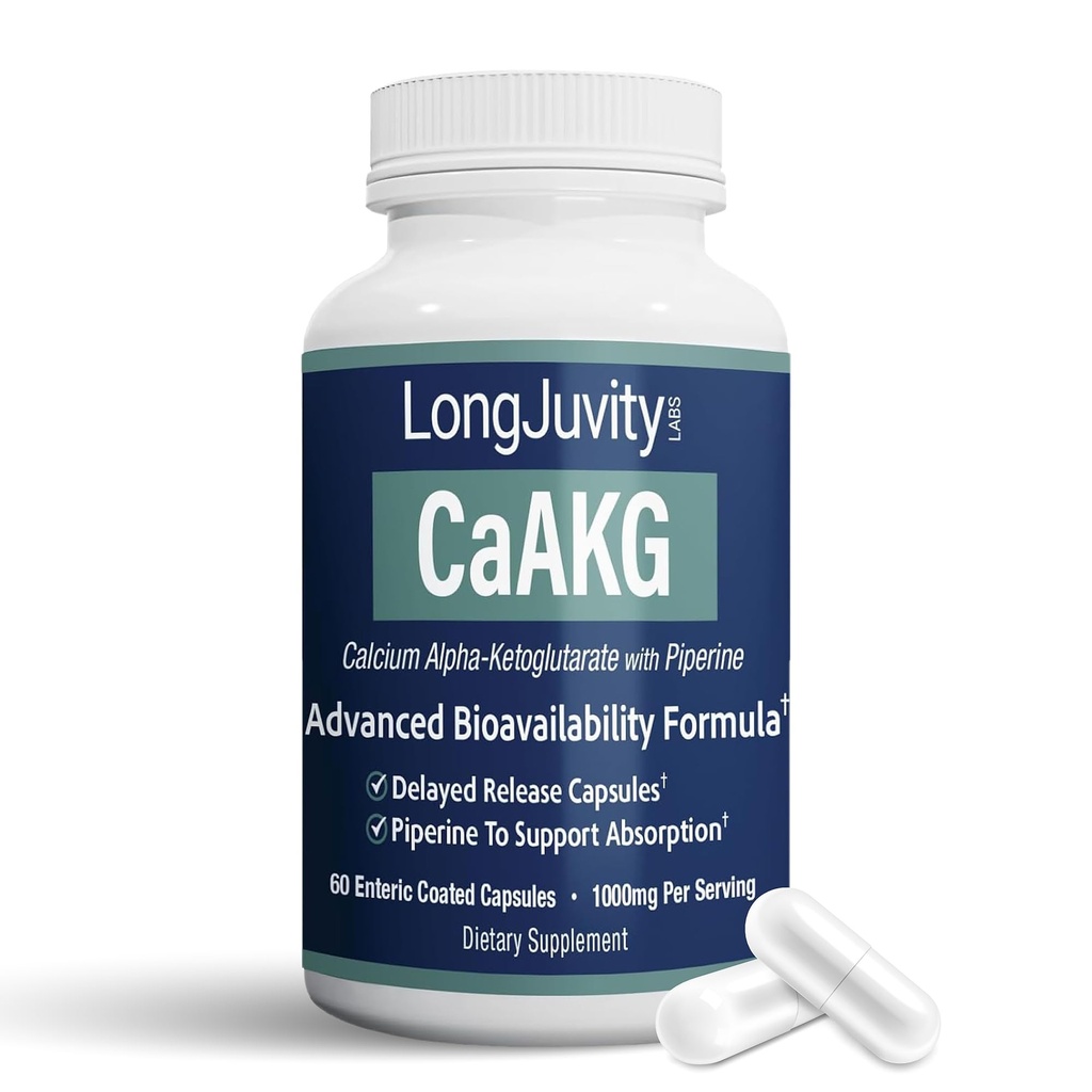 LongJuvity Calcium Alpha-Ketoglutarate 时间释放 AKG 补充(每服务1 000mg) - Gut Heath, Bone Health, Anti Anging & Longevity - 独立实验室测试(60 肠内合肥盖)