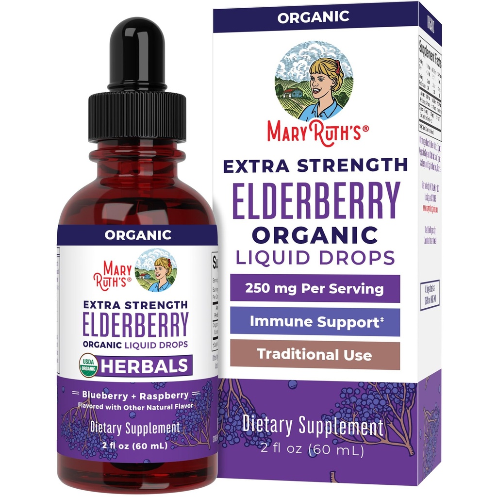 MaryRuth Organizations Elderberry Syrup Extra 力量,USDA 有机老年莓,无糖成人和孩子免疫支持1岁+补充,清洁标签项目验证,Vegan,Gluten Free,2 Fl Oz