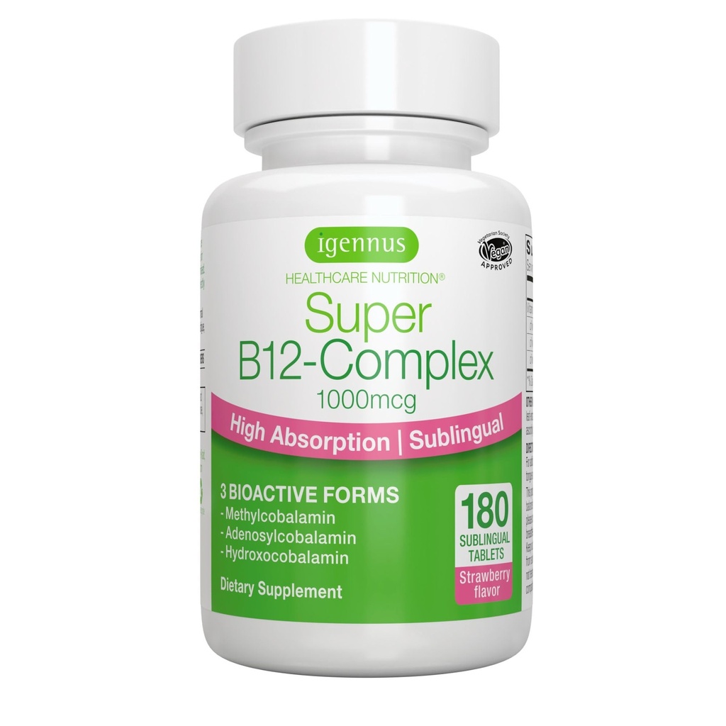 Igennus 亚语维生素B12 复合体1000mcg,甲基甲基Cobalamin,Adenosylcobalamin和Hydroxocobalamin,高吸收和清洁,180种服务,无糖和Vegan