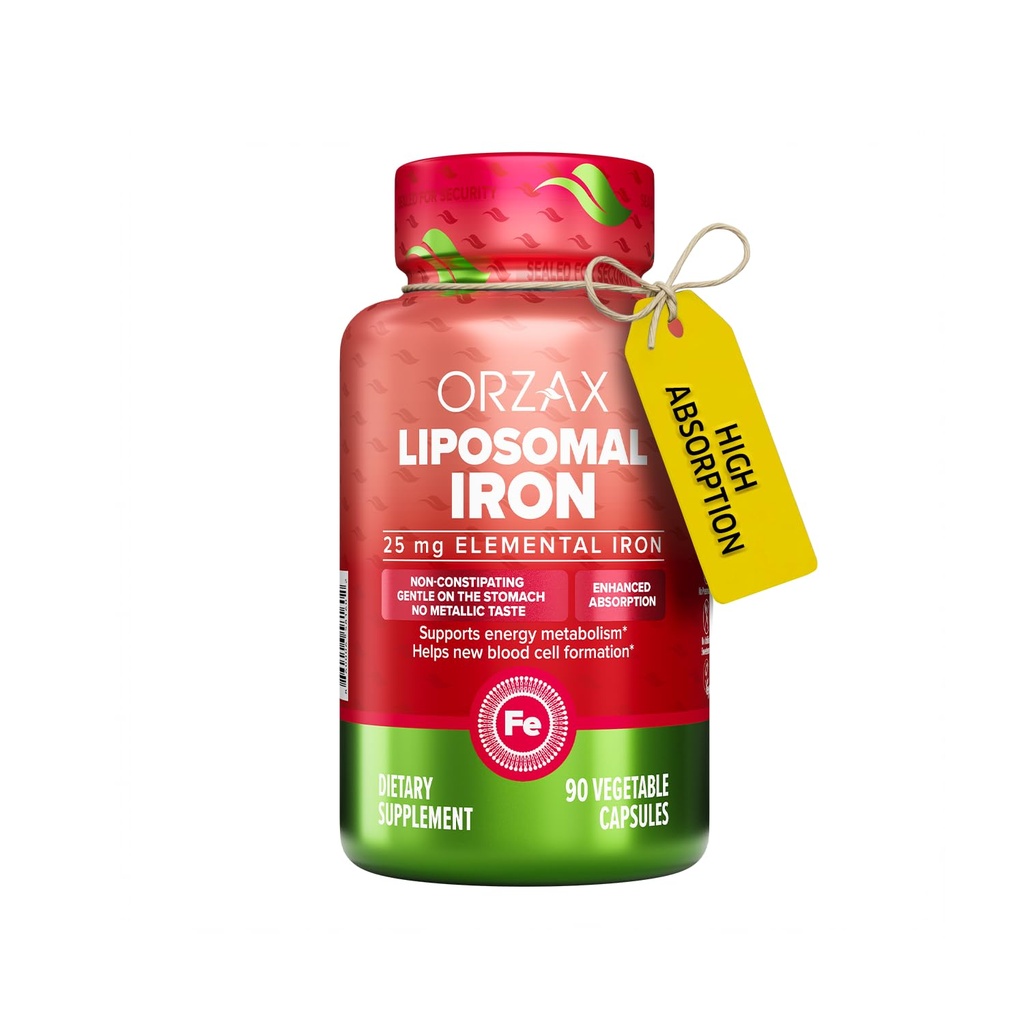 ORZAX 铁补充剂 25 mg - 液化技术 - 高生物利用率 90 蔬菜胶囊,帮助新血细胞生产,无便秘,无GMO和无胶囊,针对女性,男性,成年人