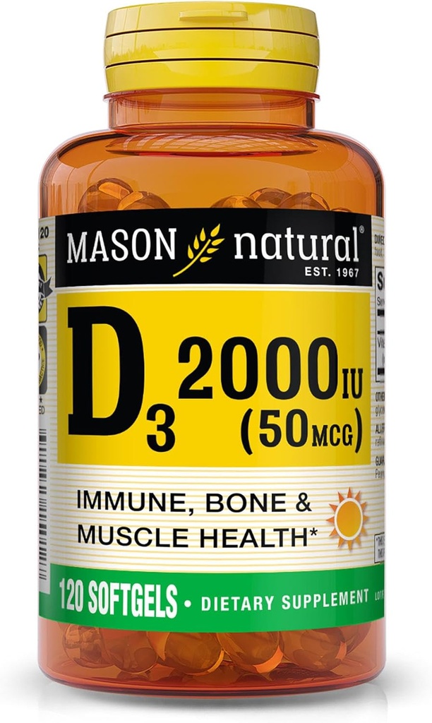 MASON 天然维生素D3 2,000 IU 超强,支持骨密度,强力和免疫健康,120软胶