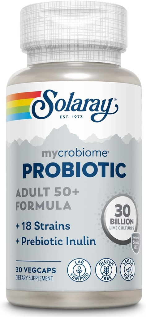 SOLARAY Mycrobiome Probiotic 成人50+公式、妇女和男子的Probiotics、健康消化、代谢、能源、科隆和尿道切克支助、30亿CFU、30名服务员、30名蔬菜卡普