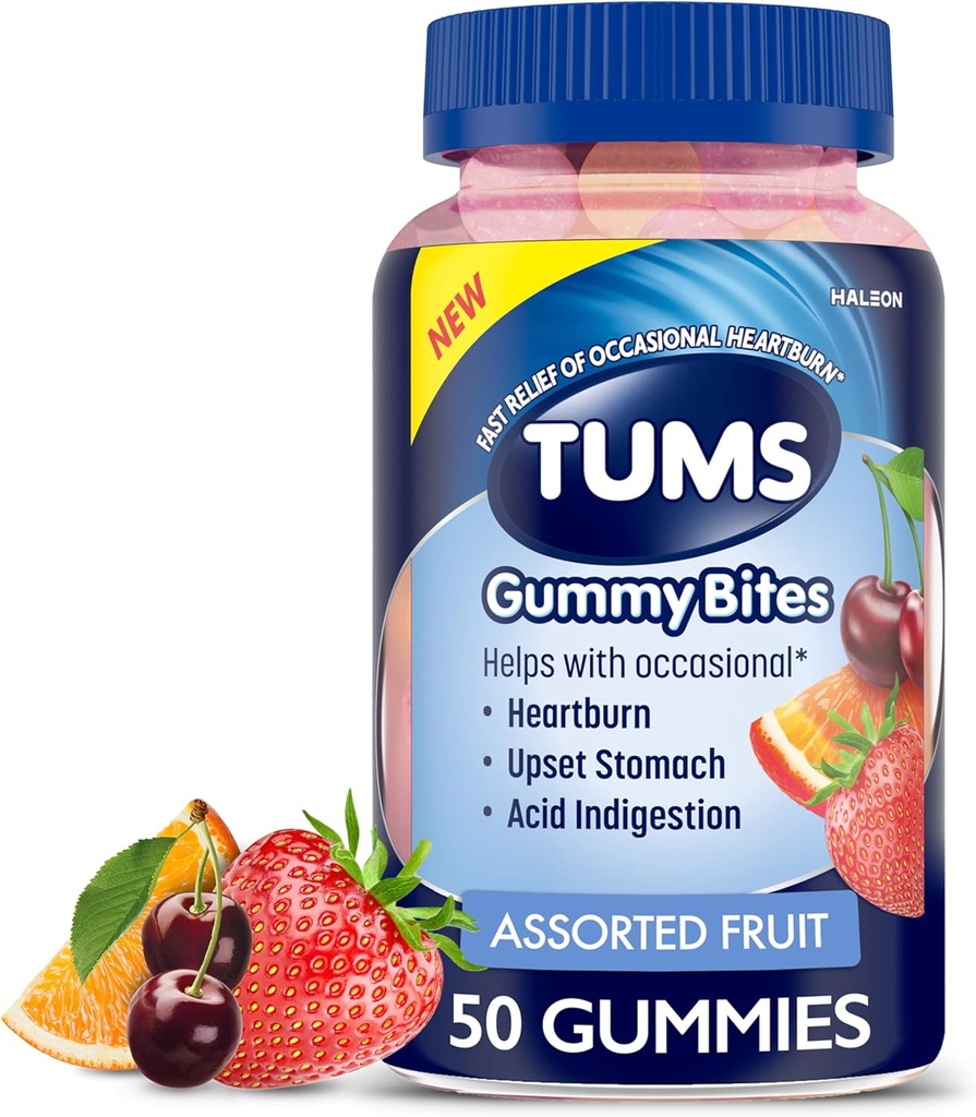 TUMS Gummy Bites 偶发心脏烧伤救济、胃肿和酸消化不良、各种水果火焰的饮食补充剂 - 50个