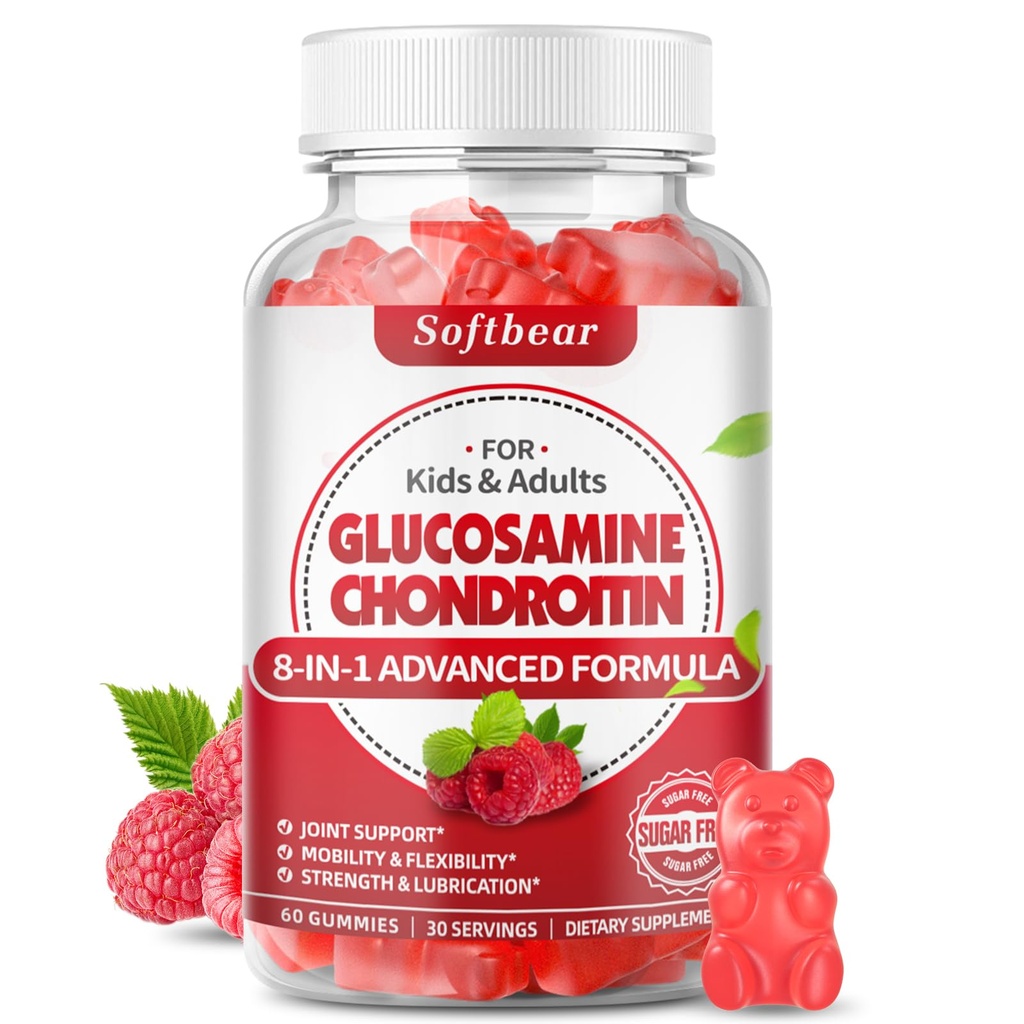 软熊Glucosamine Chondroitin Gummys,无糖Glucosamine Chondroitin MSM 配有 " 草莓图尔克 " 的联合健康与抗氧化剂、 " 草莓粉碎60 " 。