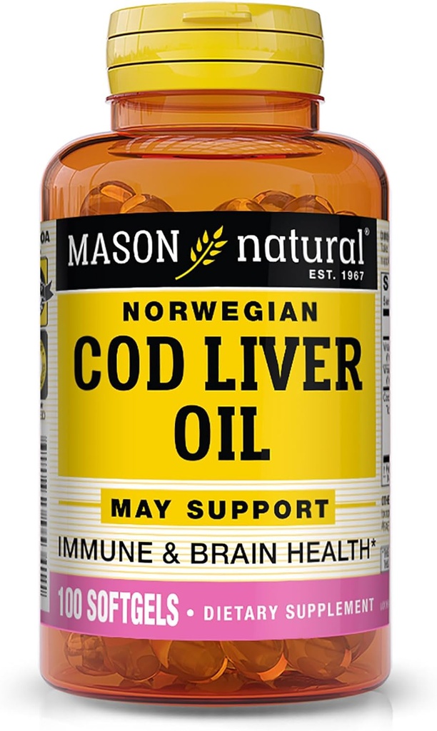 MASON NATURAL COD 肝脏油加维生素A & D3 - 健康的心脏和脑功能,改进免疫,支持整体健康,100软胶