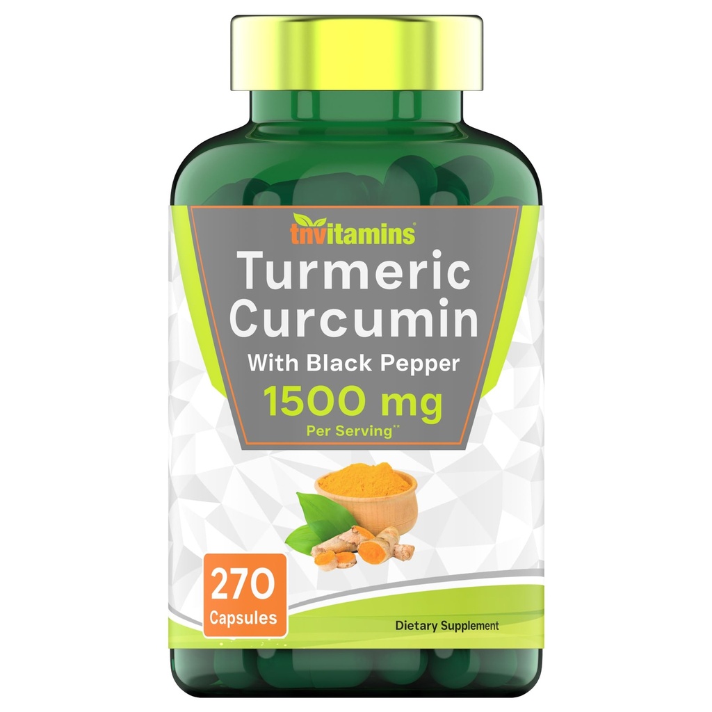 Tnvitamins Turmeric Curcumin Capsules配黑辣椒 1500 MG - 270 Capsules → Bulk 尺寸 - 3个月供应! ^ Golden Turmeric Curcumin 补充配黑辣椒 → Xn-GMO → 生产于美国