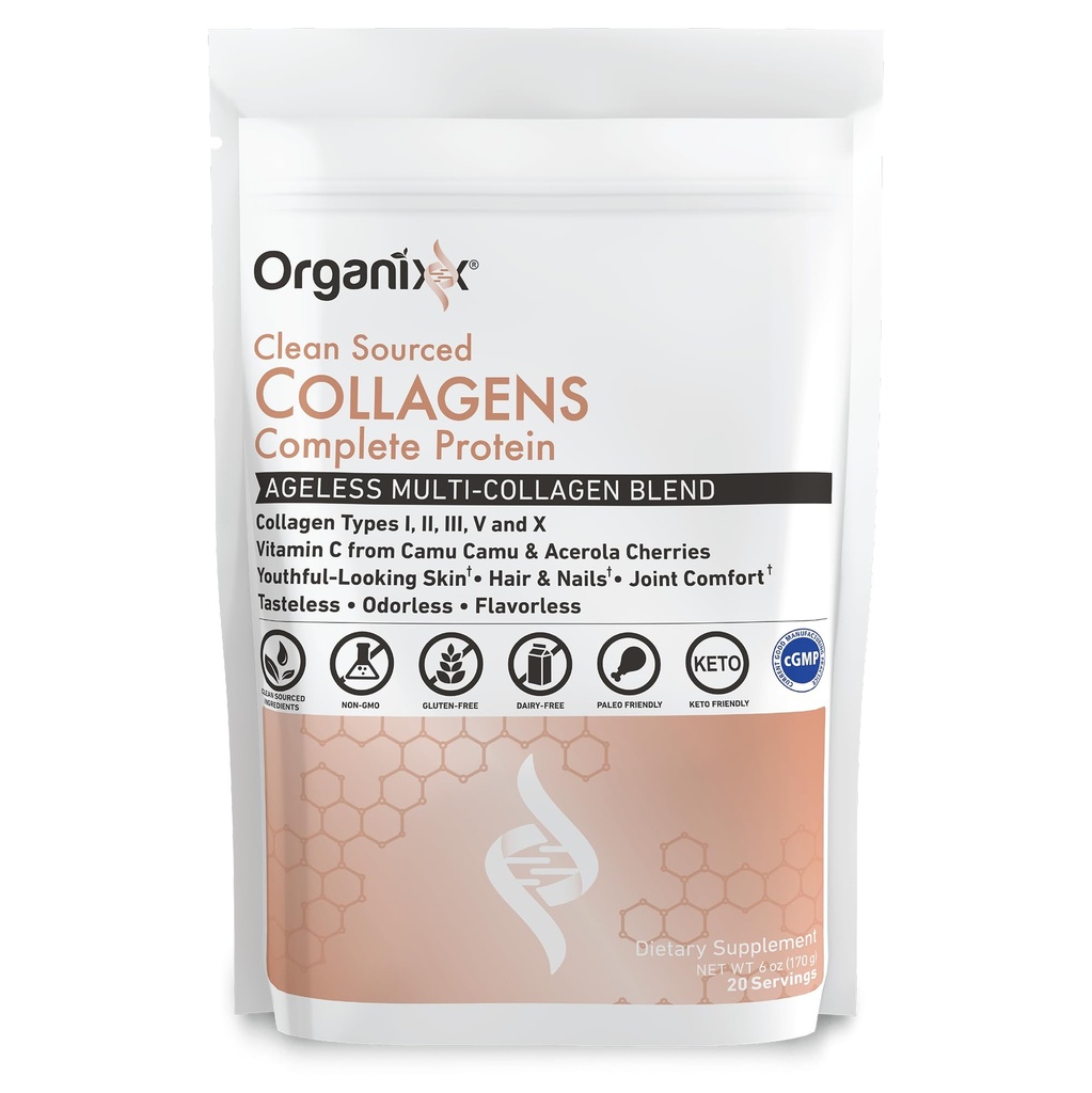 Organix Collagen Peptides Powder with Vitamin C, Types I, II, III, V, X 水解Collagen, Hair, Nail, Skin, Bone & Joint Health, 老龄化支持, 清洁源头, Gluten Free, 不受欢迎, 20 services