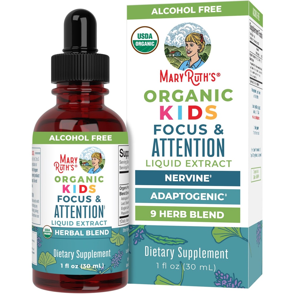MaryRuth 有机体儿童脑部补品 记忆和聚焦 USDA 有机体滴与金戈·比洛巴,Rhodiola Root & Licorice Root, Focus & 关注, Calm, Vegan, Non-GMO, Gluten Free, 30 services