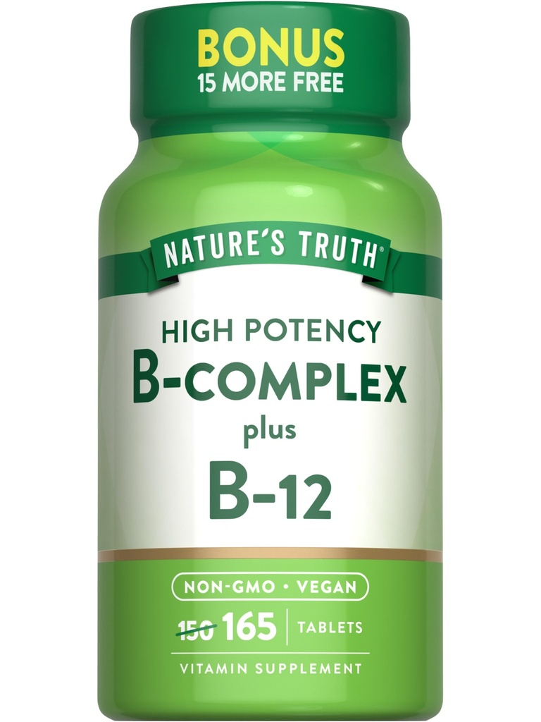 自然真理维生素B 复合体 165块平板电脑 + B12 + Vegan & Non-GMO 补编