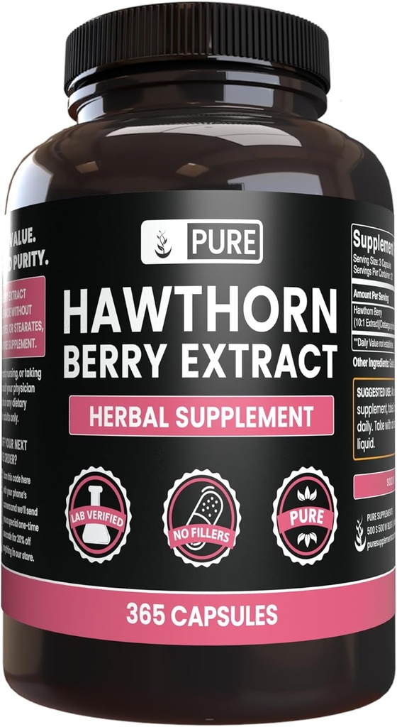 纯原始原料 Hawthorn Berry 提取器 无镁或水稻填充器, 永远纯, 实验室验证(365 Capsules)