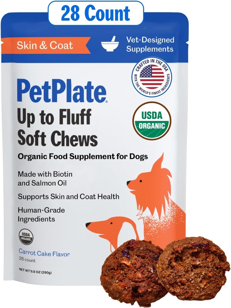 PetPlate up to Fluff Soft Chews for Dogs, Skin & Coat Support, USDA 有机补充,无粮,人材,包括沙门油和生物锡,宠物用品(包1,9.8 Ounce)