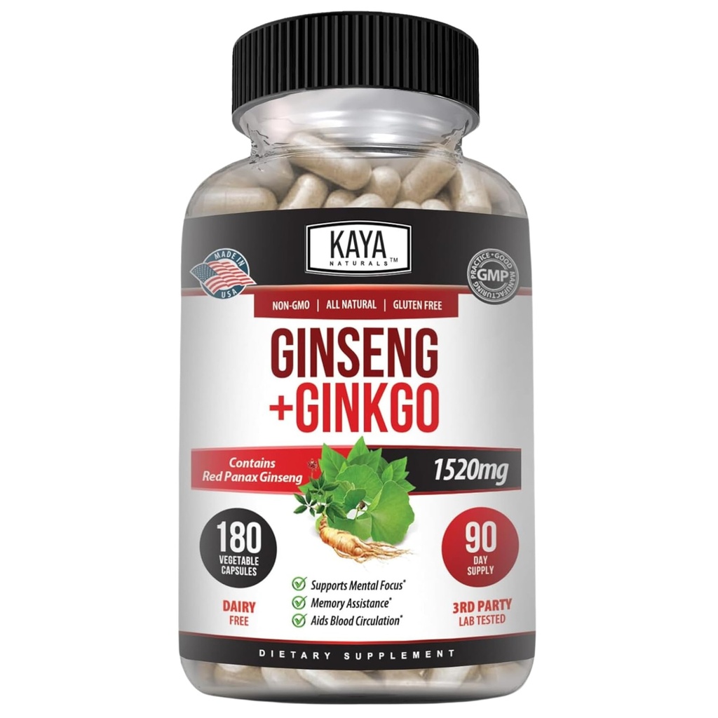 Kaya Naturals Red Panax Ginseng + Ginkgo Biloba - 诺诺氏大脑补充剂 - 认知和浓度支持 - 脑促进剂,焦点和记忆补充剂 - 180 Capsules
