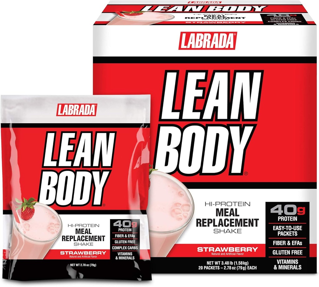 Labrada Lean Body MRP All-In-One Strawberry Meal Modern Shake, 40g 蛋白质, Whey Blend, 8g 健康脂肪 Empeal's & Fiber, 22 维生素和矿物,无人工染色, Gluten Free, (20包)