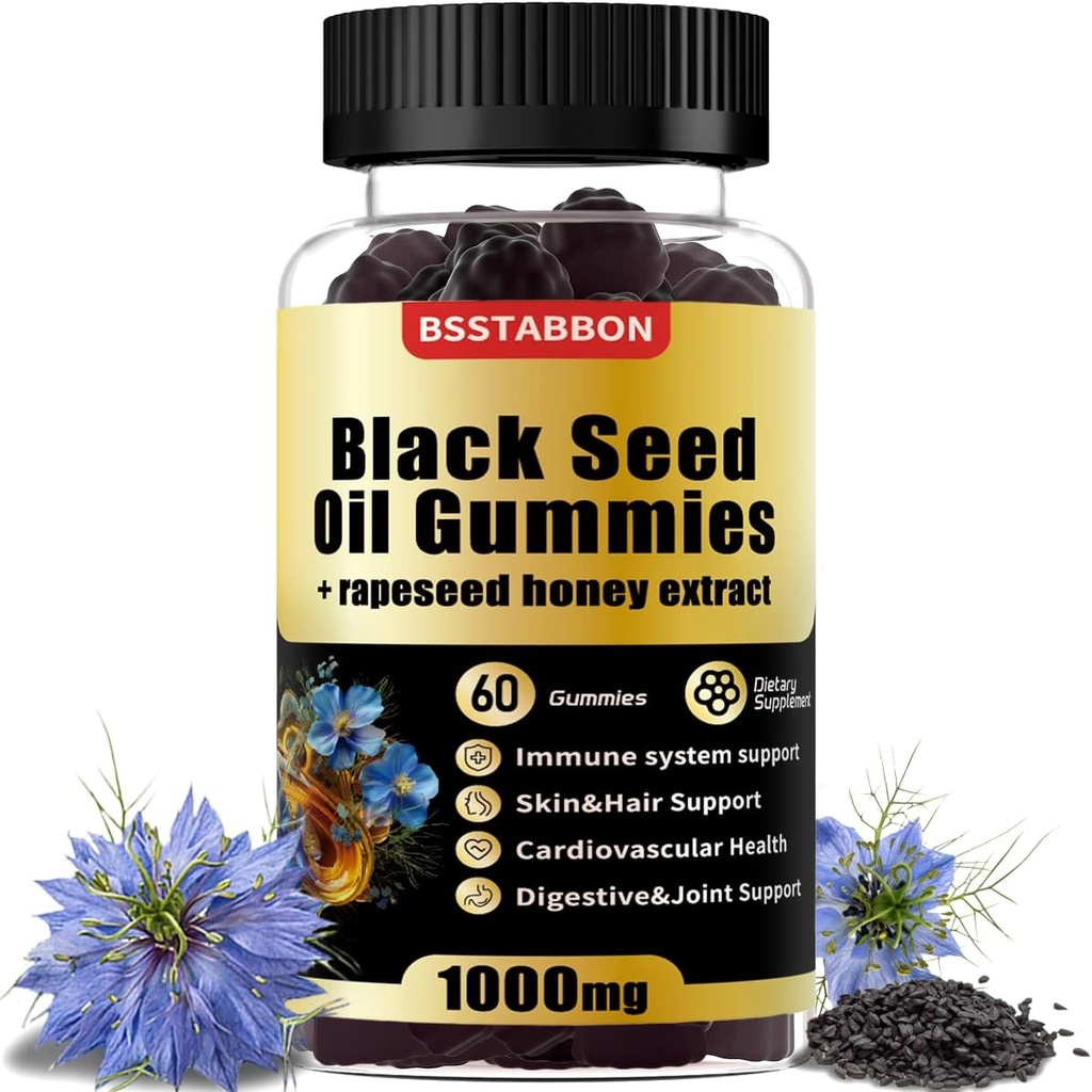 黑种子油胶,含1000mg有机黑种子油,25mg强奸种子蜂蜜提取,维生素B6,B12和锌,用于Immune系统支持(60 Gummys)(60计)