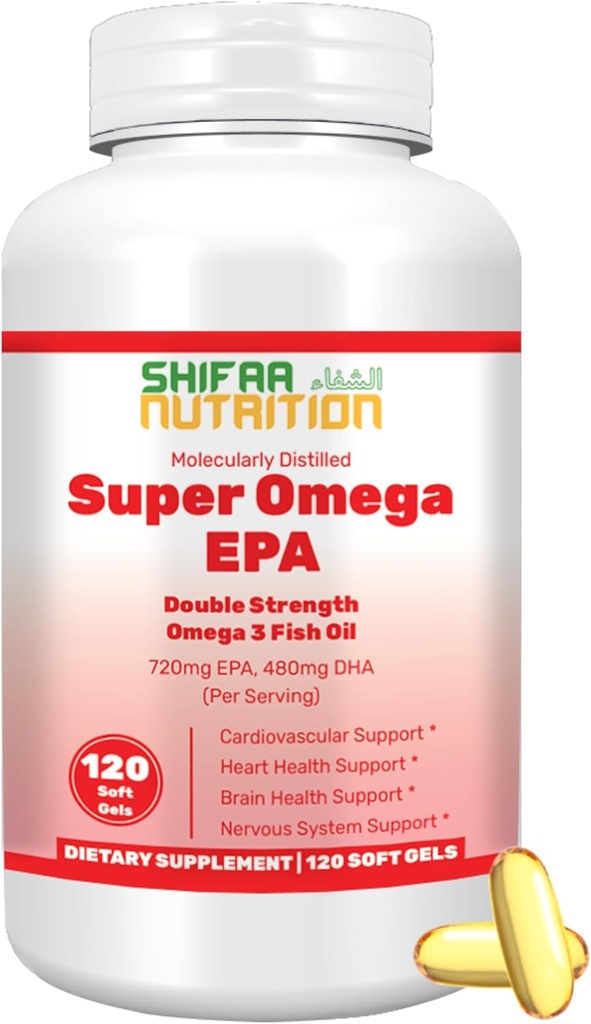 SHIFAA NUTRITION Halal Fish Oil Softgels 120 Ct, Double Strength - Halal Omega 3 Fish Oil Supplements. Wild Caught, Non-GMO & Purified