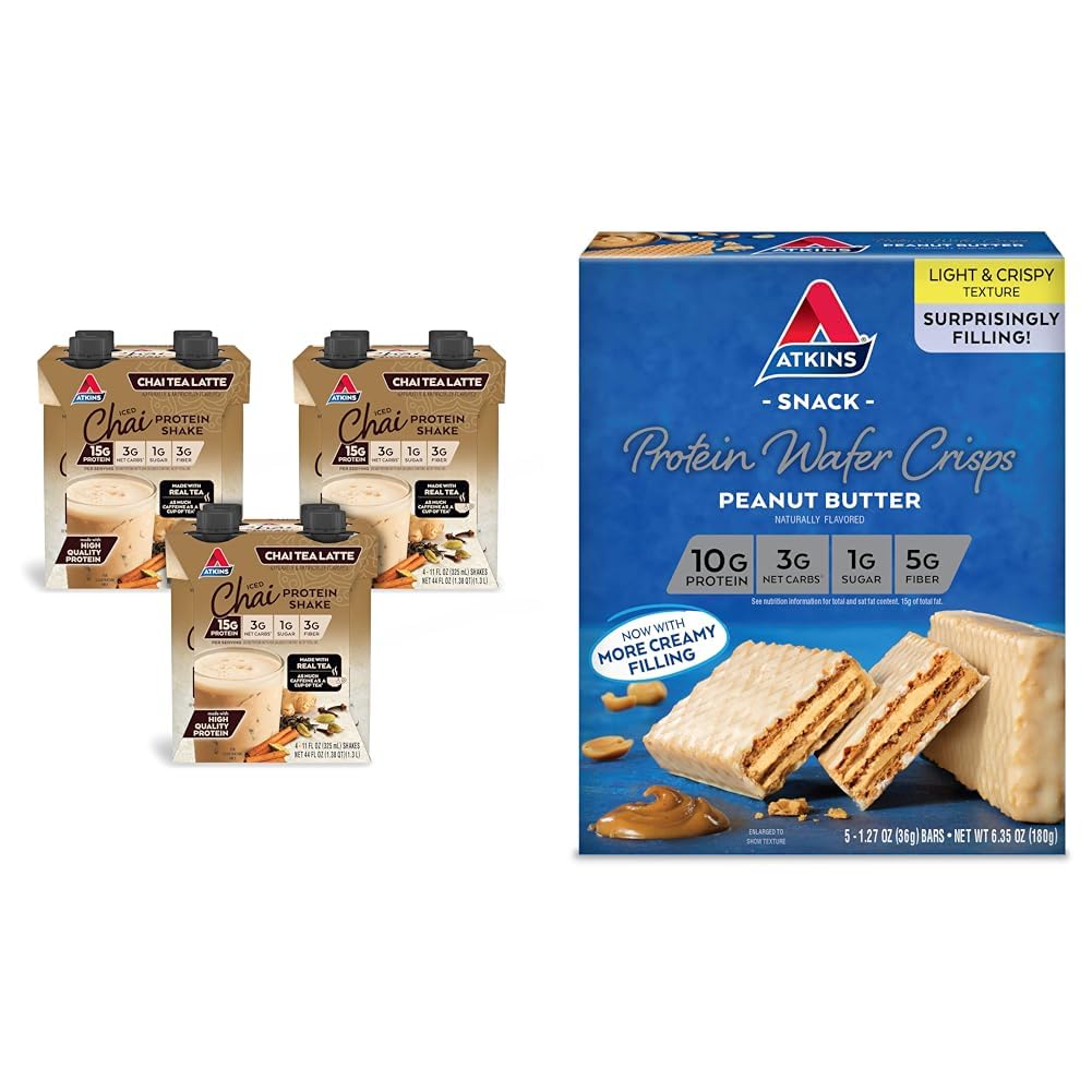 Atkins Chai Tea Latte protein Shake with 15g 蛋白质,3g Net Carb,1g 糖 + Atkins 花生酱 蛋白质 Wafer Crisps 10g 蛋白质,4g Net Carb,1g Sugar,5 Counter