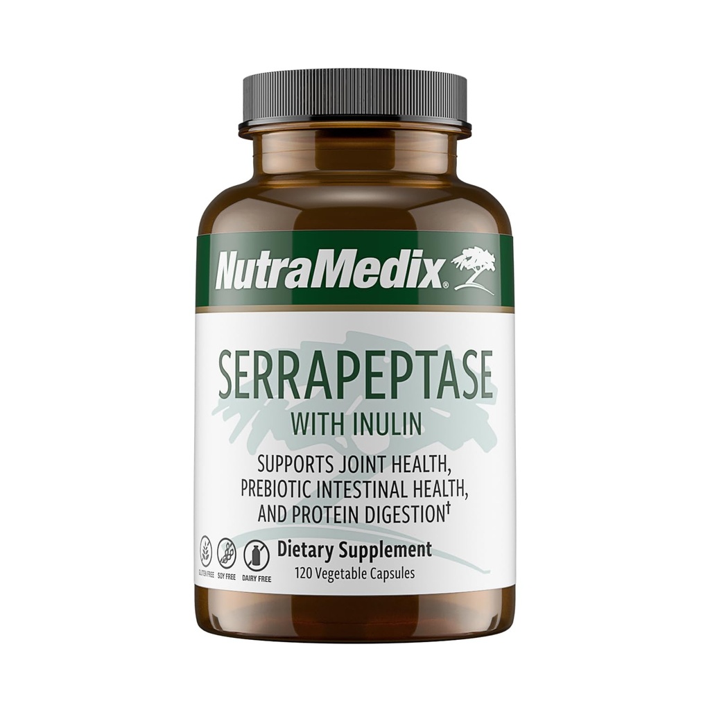 NutraMedix Serrapeptase 配有蛋白质的男女消化酶补充剂 - Inulin Prebiot fiber for Gut Health and Joint Support - 乳制品,大豆和无胶囊(120 Capsules)