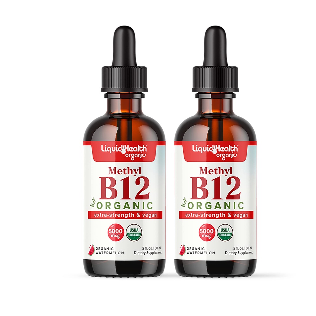 LIQUIDHEALTH USDA 有机甲基维生素B12 含酸樱桃汁的甲基Cobalamin液滴 - 奶牛能量,免疫支持,改善记忆和浓度 - 美国制造,维干,非GMO(2包)