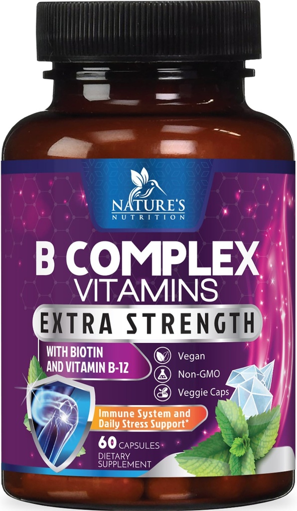 B 复合维生素 Capsules - 含有维生素 B12 B6 B100 C 生物素 Folate & Folic Acid - 补充心,脑,神经支持 - 超完整 B- 复合物 免疫和能量支持 - 60 Capsules