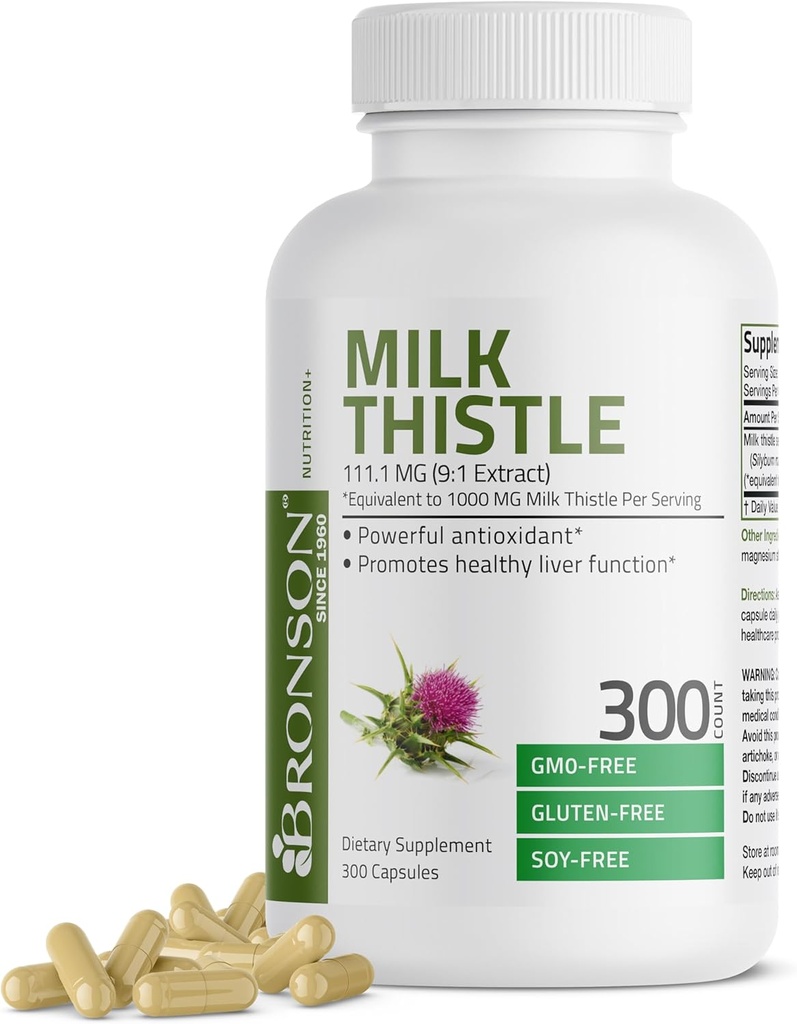 Bronson Milk Thatle 1000 MG Silybum Marianum 抗氧化剂和肝脏健康支持 - 非GMO, 300 Capsules
