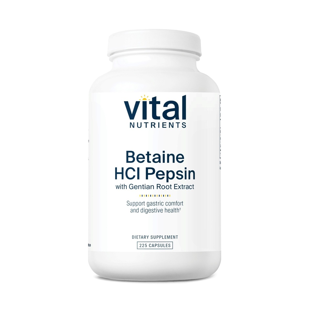 支持蛋白质消化和营养吸收的重要营养素 Betaine HCL Pepsin 配有 Gentian root 提取 QQ 消化酶公式 * * + Gluten, 乳品, 豆类自由 → 225 Capsules
