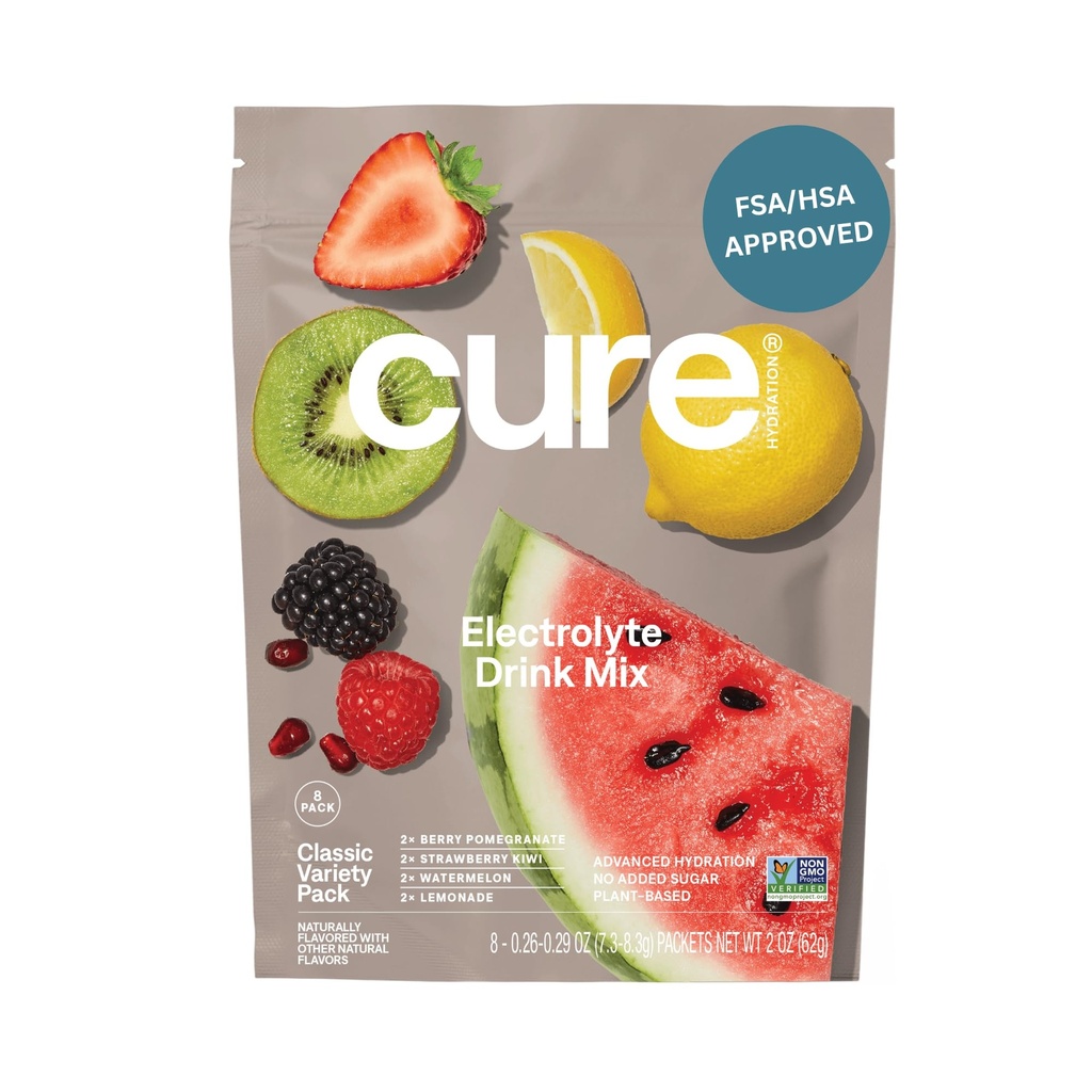 (原始内容存档于2018-09-21). Cure Hydrition QQ 植物型电解质 饮料 混合体 无添加糖 FSA-HSA 含椰水脱水救济粉 Non-GMO | Vegan 8 Packets - Variety Pack