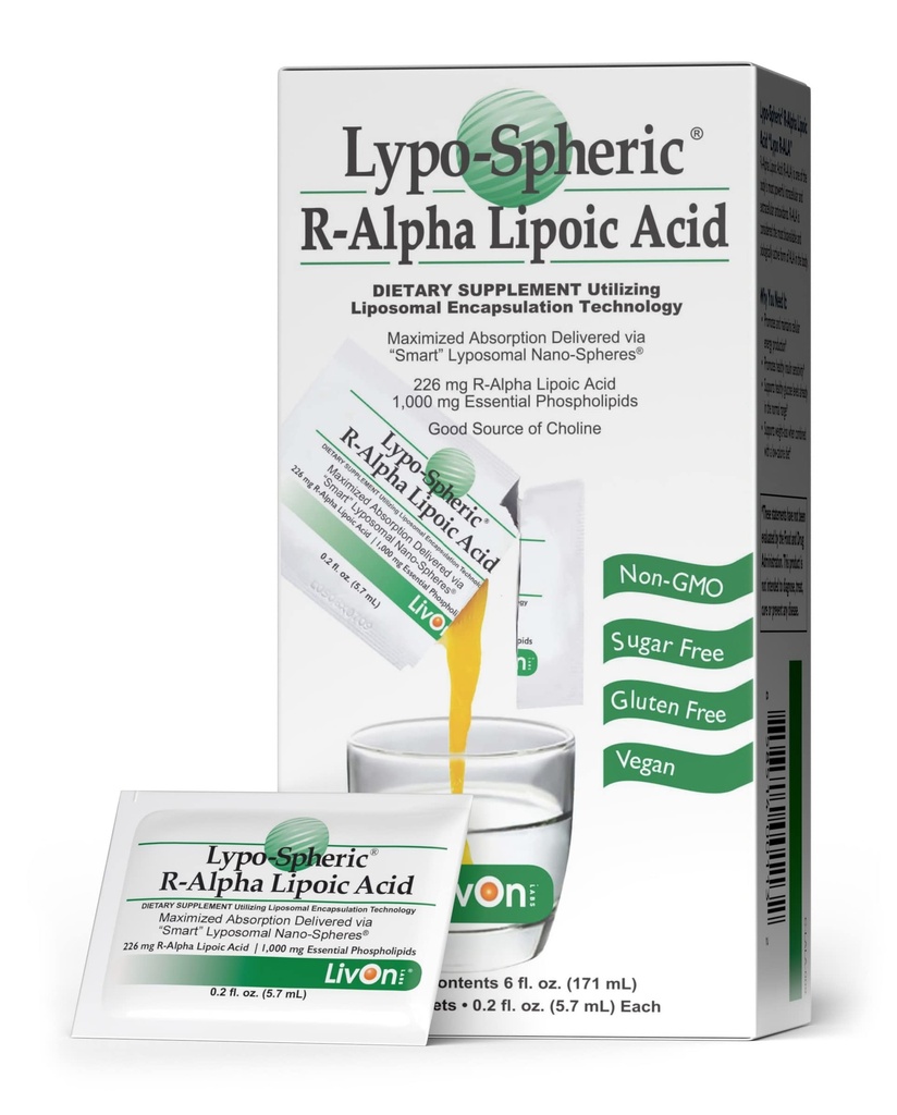 LivOn实验室 Lypo-Spheric R-Alpha Lipoic Acid - 30个包 - 226mg per Packet - Liposome 封装到最大生物利用率 - 100% 非GMO