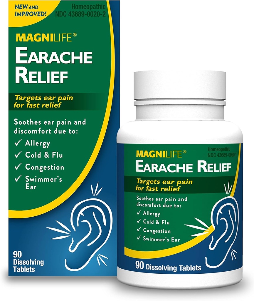 MagniLife Earache Relief, 游泳者快速行动自然救助 Ear, 疼痛和来自过敏, 冷和流感的不适 - 90 快速溶解片