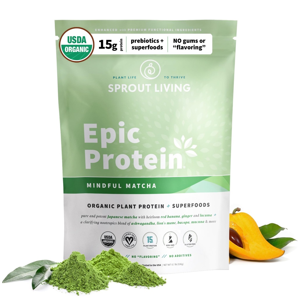 Sprout Living Epic Protein, Plant Based Protein & Superfoods Powder, Mindful Matcha | 17 Grams Organic Protein Powder, Vegan, Non-GMO, Gluten Free, Adaptogens + Nootropics (1 Pound, 12 Servings)