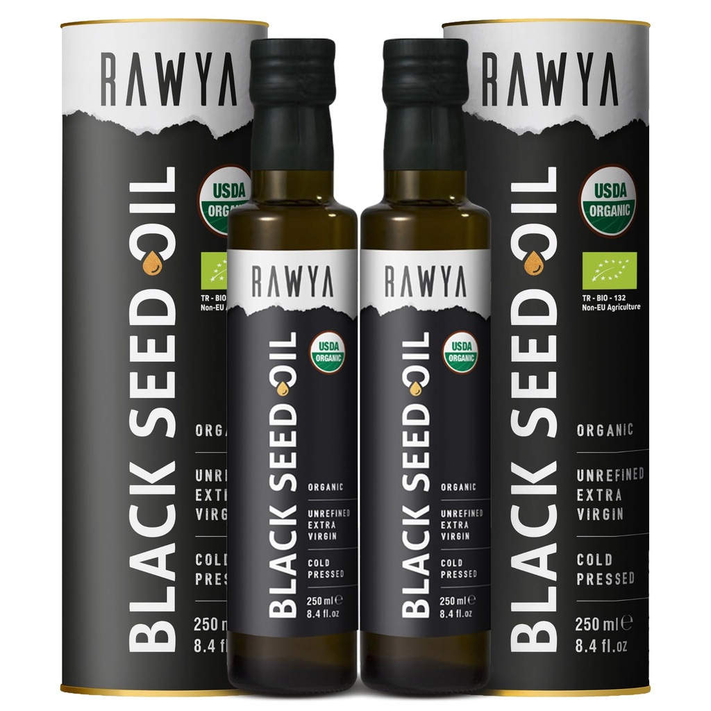 RAWYA 黑种子油 - 有机冷压奈杰拉·萨蒂瓦 - 土耳其起源 - USDA 有机 - 自然补充 - 黑色库明种子油 - 富含火焰和高浓度 - 250毫升玻璃瓶 - 2包