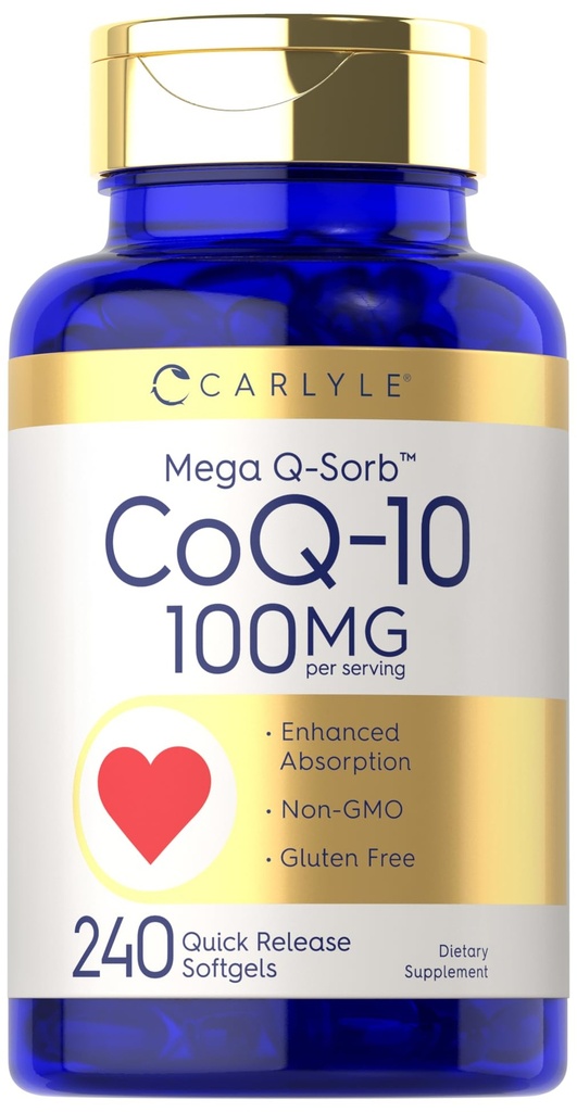 Carlyle CoQ10 100mg → 240 Softgels → Mega Q-Sorb Coenzyme Q- 10 → 与黑胡椒提取 → Non-GMO, Gluten 免费补充