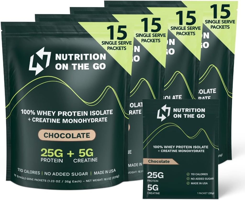 Go Whey蛋白质隔热包装上的营养 – 25g蛋白质+ 5g Creatine – 单服务旅行蛋白粉–巧克力(60-Pack)