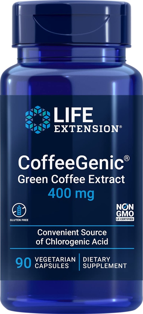 生命延长咖啡General CoffeeGenic 咖啡提取剂,400毫克,氯致生酸50%标准化,食用后代谢支持,Gluten Free,非GMO,蔬菜,90 Capsules