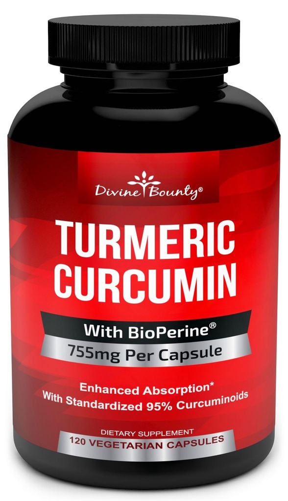 含有生物牡蛎黑椒提取物的图尔克霉素-每卡普尔755mg,120 Veg. Capsules - GMO Free Tummeric, 最大概率标准化为95%的Crucuminoids