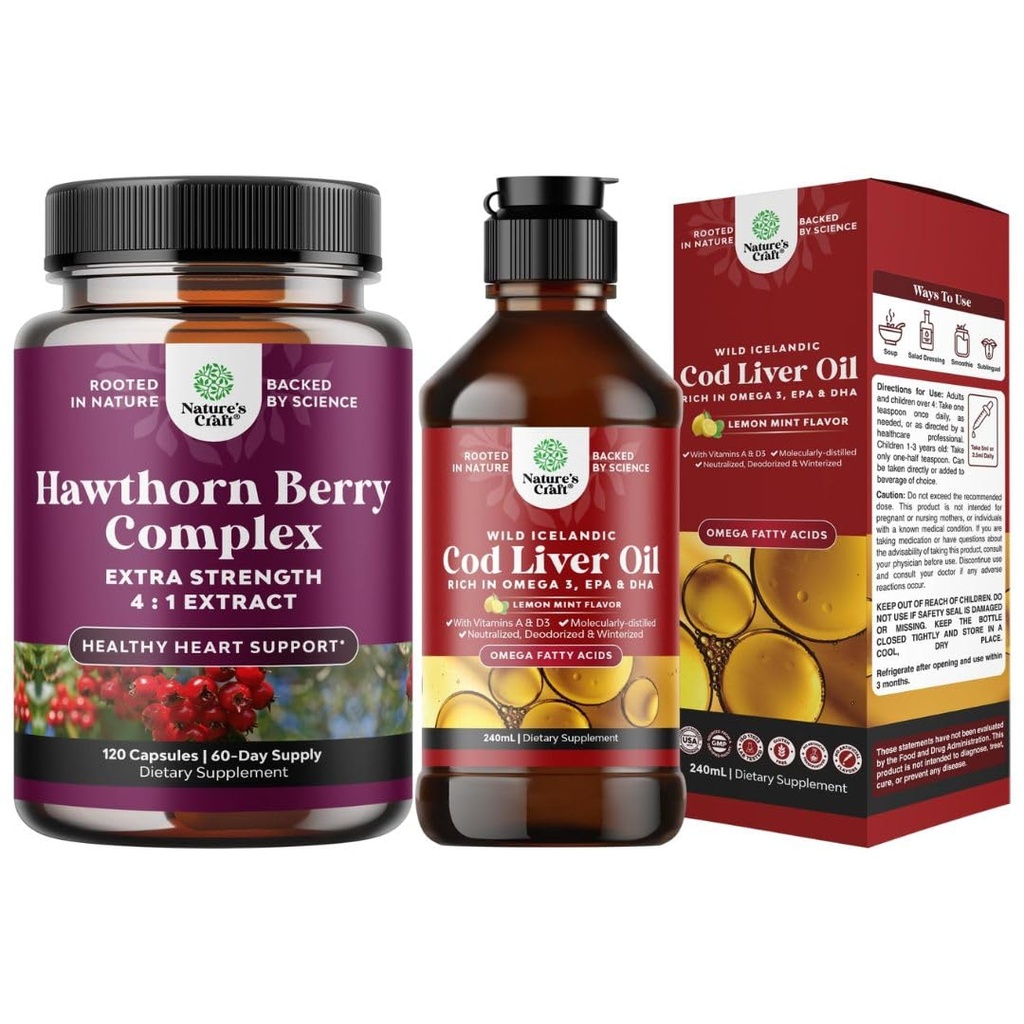 特别强壮的霍桑Berry Capsules Hawthorn 摘录摘要和心脏健康补编以及冰岛鳕鱼肝油液 北欧Omega 3鱼油液 成人和小孩