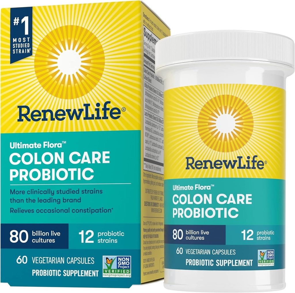 续订生活成人科隆护理 Probiotic 补充品,Gluten,奶油和大豆免费,80亿 CMFU Per Capsule,60 Capsules (Package May Vary)