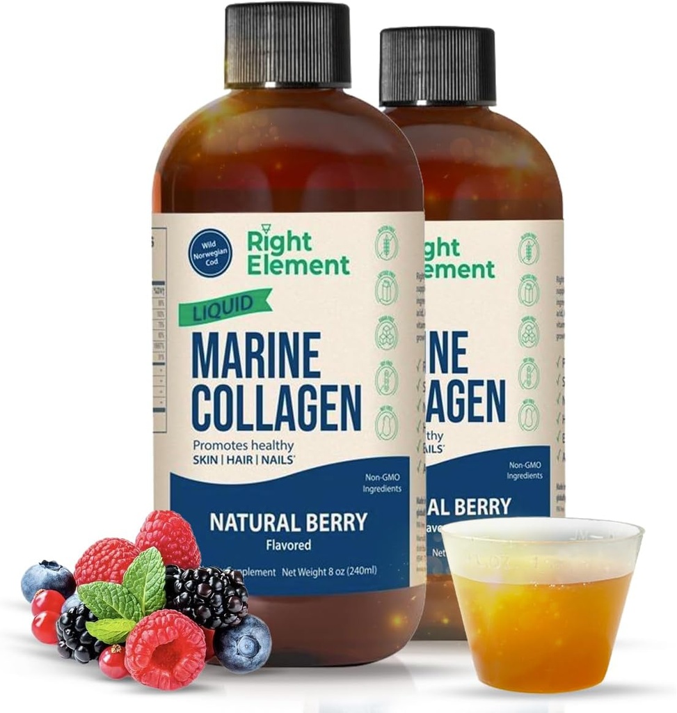 液态海洋Collagen QQ 野生捕获鳕鱼 - 水解的Keratin Peptide, Hyaluronic Acid & Biotin - 健康头发,皮肤和钉子 - 在美国制造 - Natural Berry, 8.00 Fl Oz (2-Pack)