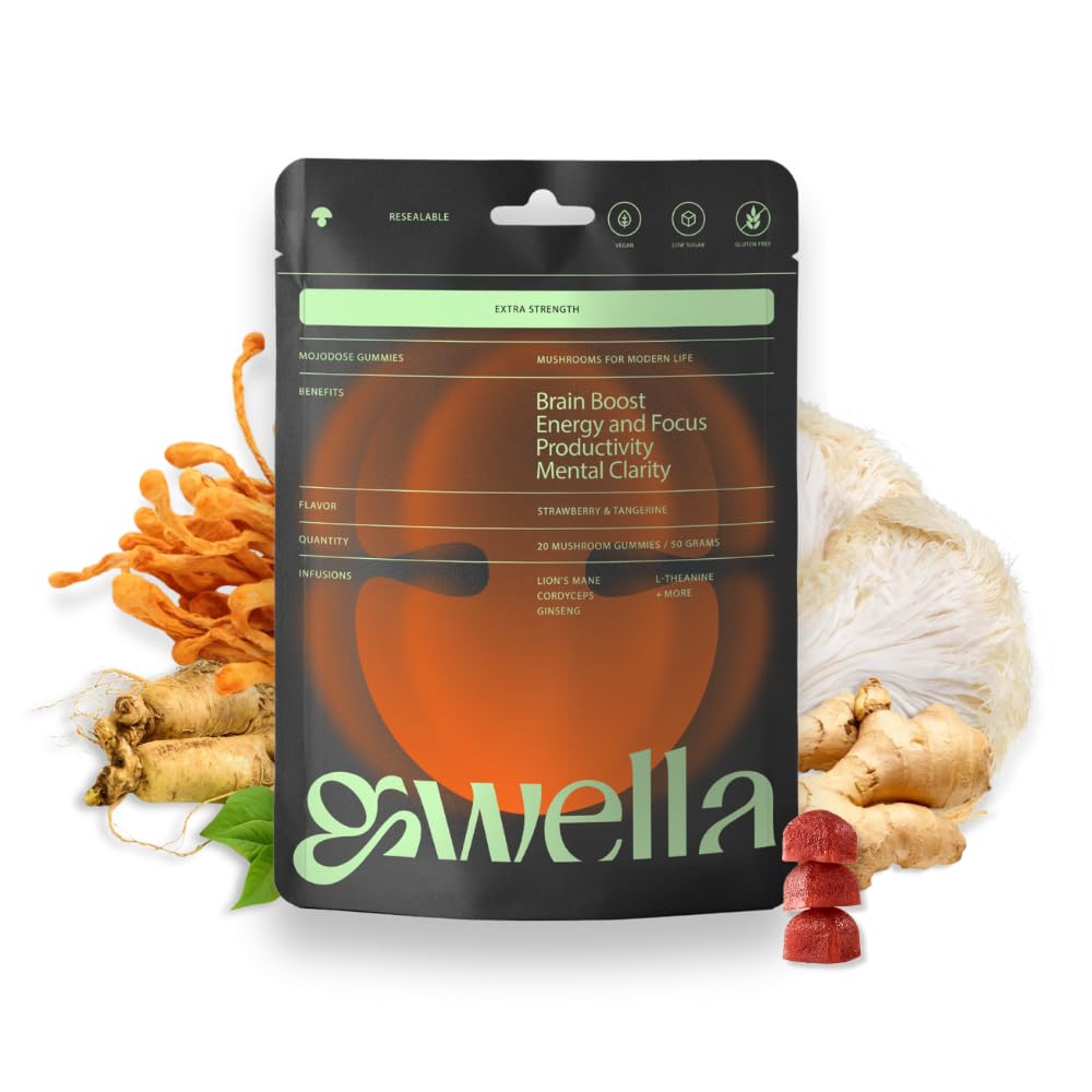 Gwella Focus Gummys with Lion's Mane, Panax Ginseng, Ginger Root, Cordyceps, SAM-e, 以及Nootropics, Energy and Focus Supplement, Vegan, 草莓丹杰林(20个伯爵-包1个)