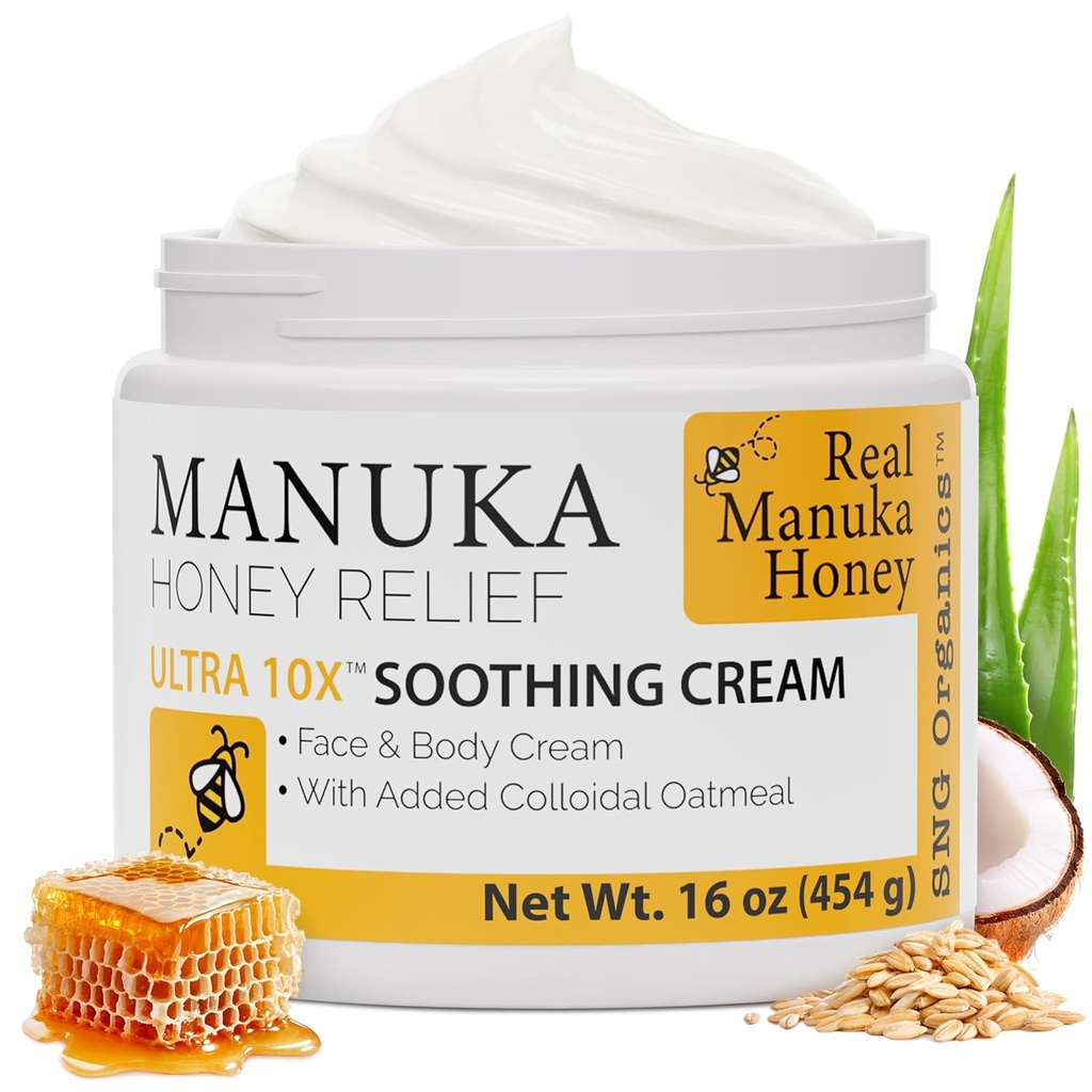 Super Natural Goods Manuka Honey Cream (16oz) – 适合孩子和成年人的所有皮肤类型的水分洗涤 – 用真正的Manuka Honey Aloe Vera Juice 和 Cocoa Butter 来摩擦身体奶油