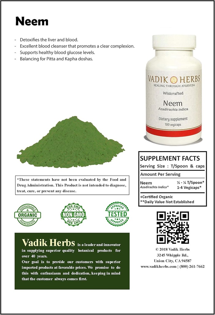 经认证的有机瓦迪尔克草药Neem(英语:Azadirachta Indica)粉末1lb. Pack QQ 优秀血液清洁器, 支持健康血液葡萄糖水平, 平衡 Pitta 和 Kapha Doshas
