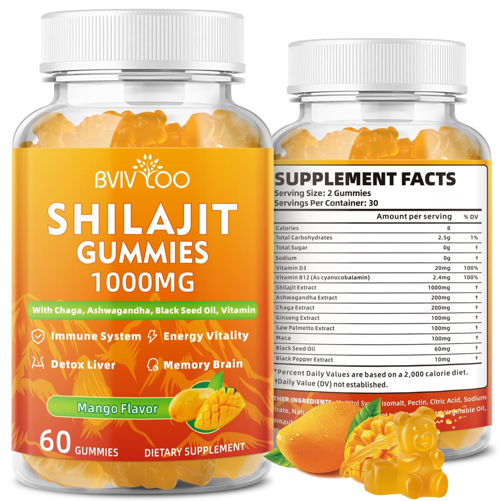 Shilajit Gummys 1000mg 无糖 - Shilajit 男女补充品 - 85+ Trace Minerals & Fulvic Acid 高 - 能量,大脑,豁免 - 60 Gummys