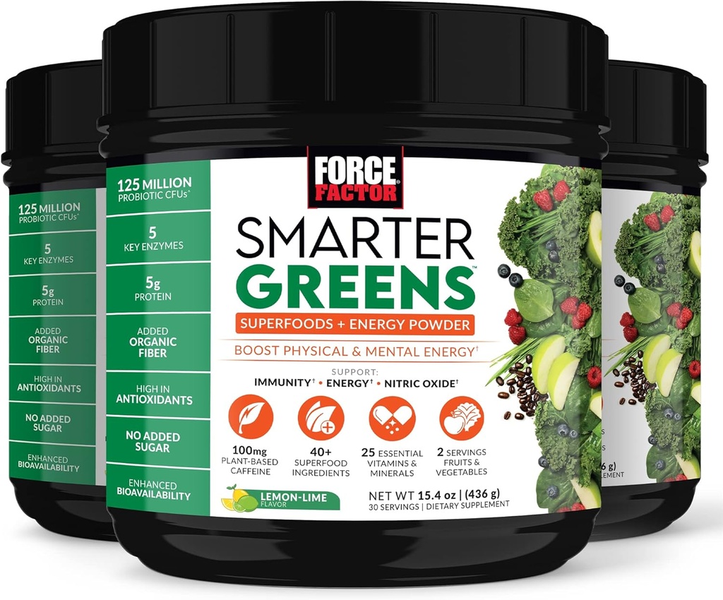 FORCE FACTOR Smarter Greens Superfoods + Energy Powder to bost Energy & Support Entertainment, Gut Health, Bloating, Greens 配有消化酶的绿药, Probiotics & Prebiotics, 柠檬莱姆, 90 services.